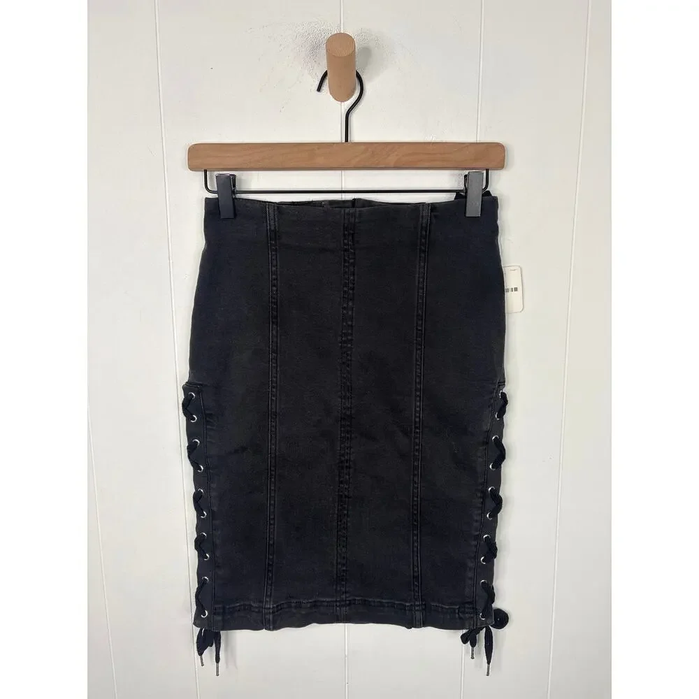 NWT Free People Black Denim Skirt Size 2 Lace Up Side Straight Pencil Edgy Goth